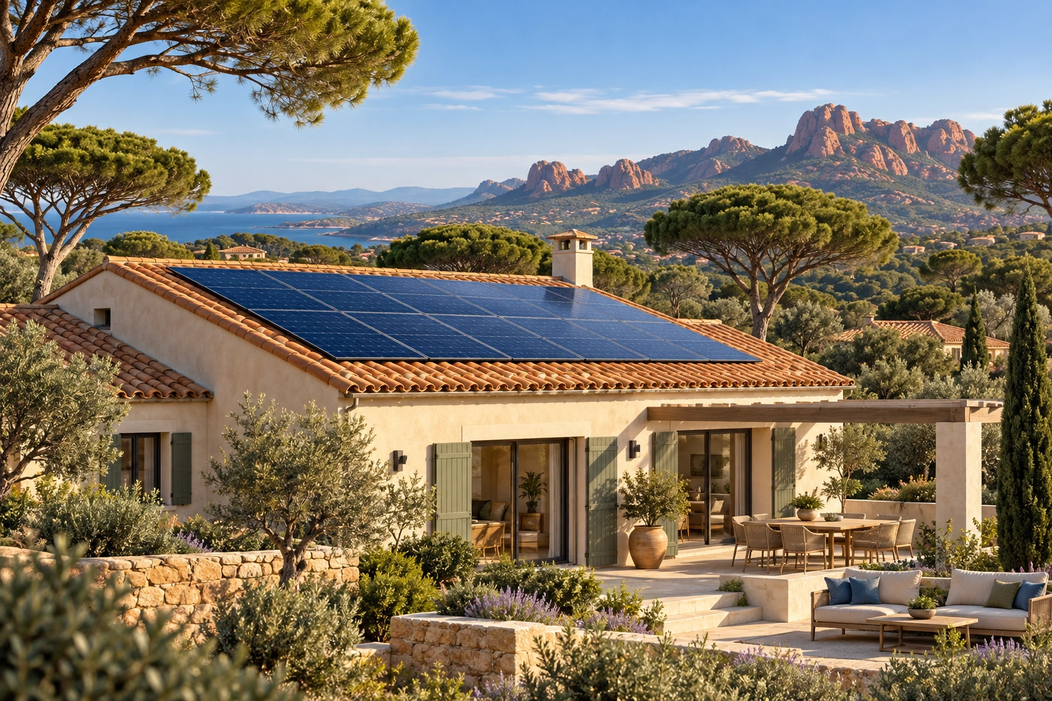 Illustration de panneaux photovoltaïques sur une maison provençale